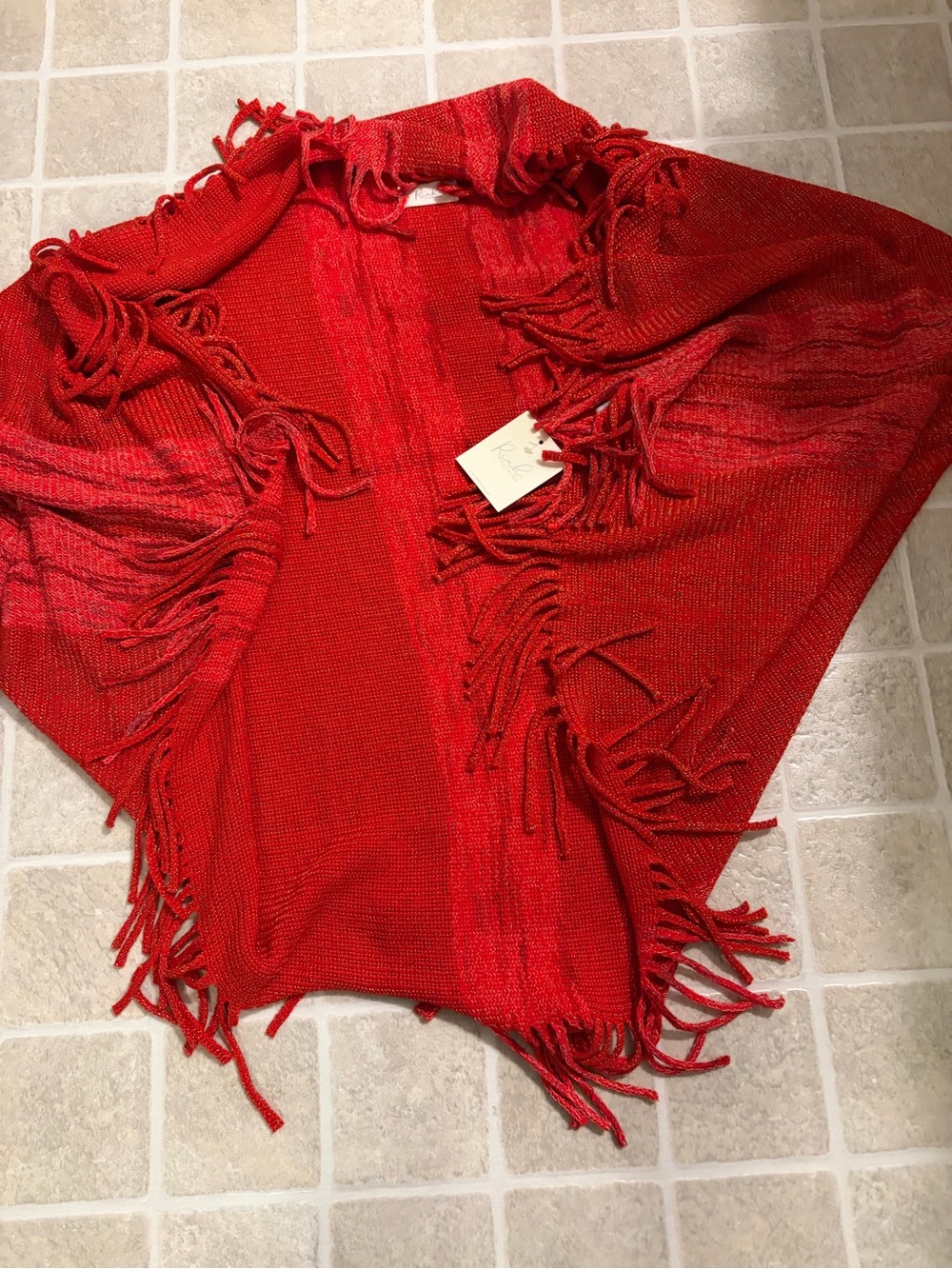 Open-Front Fringe Knit Poncho Sweater in Red
